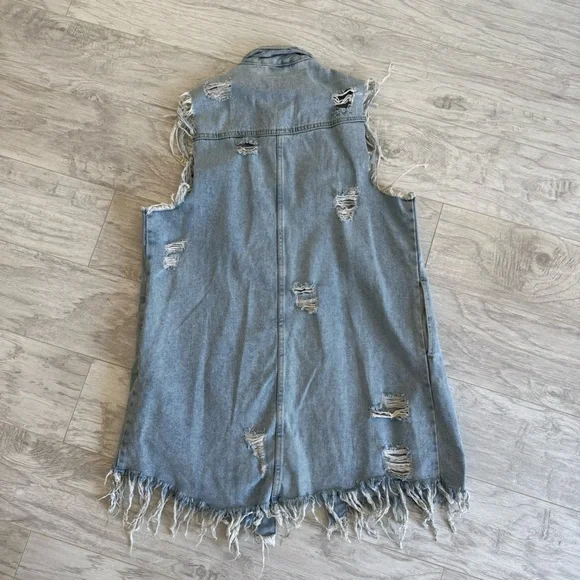 LONG DISTRESSED DENIM VEST - Picture 4 of 4